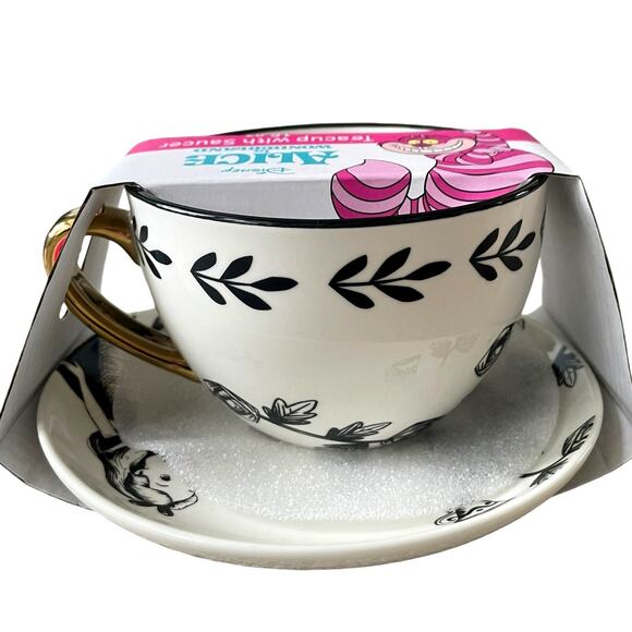 Disney ALICE IN WONDERLAND Teacup with Saucer 16oz Mug Black & Gold New - Picture 5 of 14